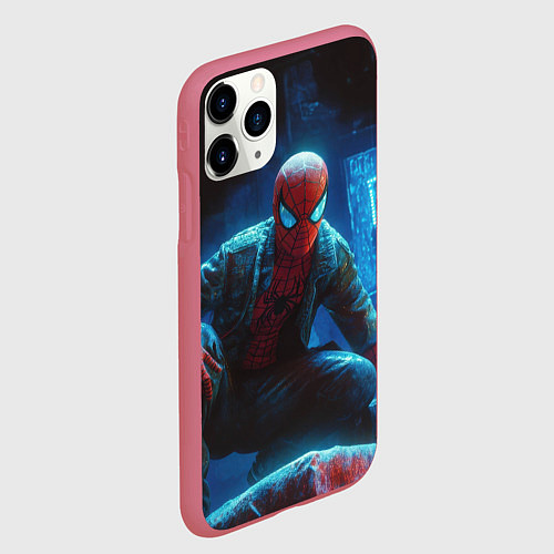 Чехол iPhone 11 Pro матовый Человек паук сидя / 3D-Малиновый – фото 2