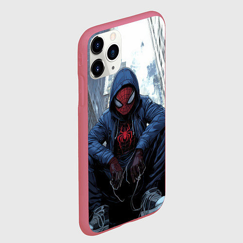 Чехол iPhone 11 Pro матовый Человек-паук в кедах / 3D-Малиновый – фото 2