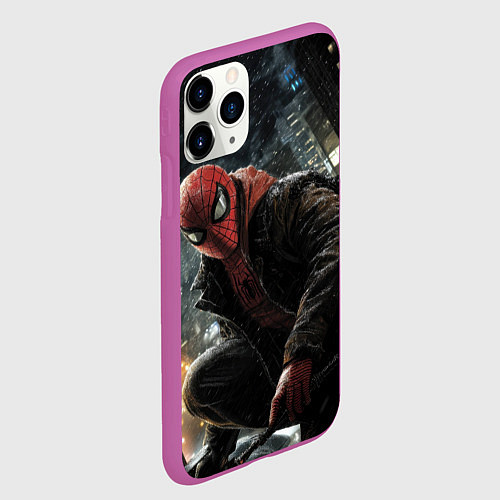 Чехол iPhone 11 Pro матовый Человек-паук и поздняя ночь / 3D-Фиолетовый – фото 2