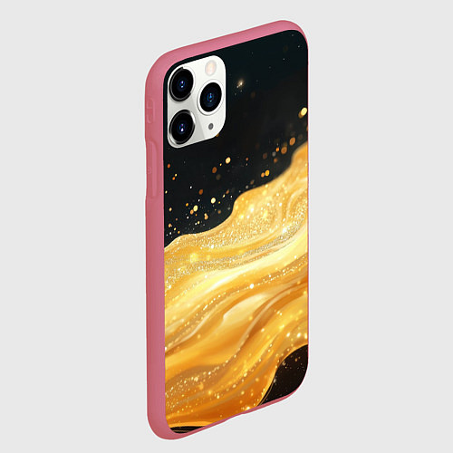 Чехол iPhone 11 Pro матовый Золотистая материя на черном фоне / 3D-Малиновый – фото 2