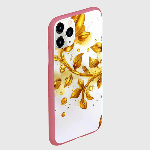 Чехол iPhone 11 Pro матовый Золотые листья на белом / 3D-Малиновый – фото 2