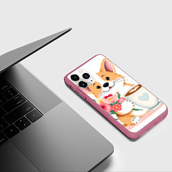 Чехол iPhone 11 Pro матовый Поздравляющий корги с цветами, цвет: 3D-малиновый — фото 2