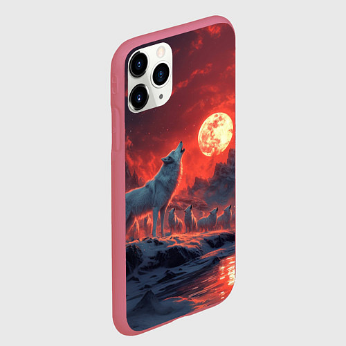 Чехол iPhone 11 Pro матовый Белый волк воет на луну / 3D-Малиновый – фото 2