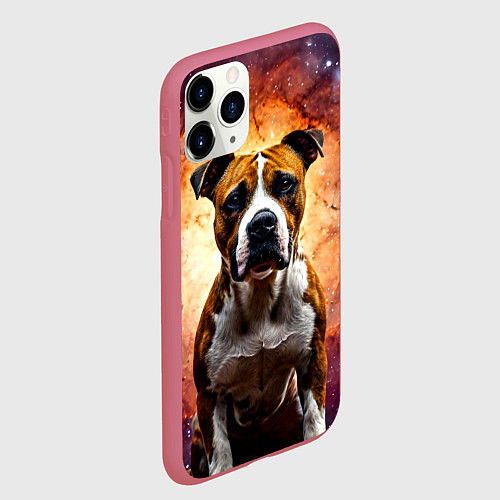 Чехол iPhone 11 Pro матовый Американский стаффордширский терьер в космосе / 3D-Малиновый – фото 2