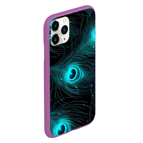 Чехол iPhone 11 Pro матовый Светящиеся перья павлина паттерн / 3D-Фиолетовый – фото 2