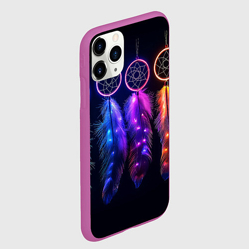 Чехол iPhone 11 Pro матовый Ловцы снов - свечение перьев / 3D-Фиолетовый – фото 2