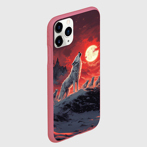 Чехол iPhone 11 Pro матовый Волк воет на красную луну / 3D-Малиновый – фото 2