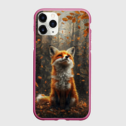 Чехол iPhone 11 Pro матовый Довольный лис в лесной чаще, цвет: 3D-малиновый