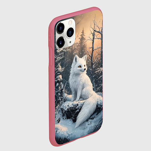 Чехол iPhone 11 Pro матовый Белый лисенок в зимнем лесу / 3D-Малиновый – фото 2