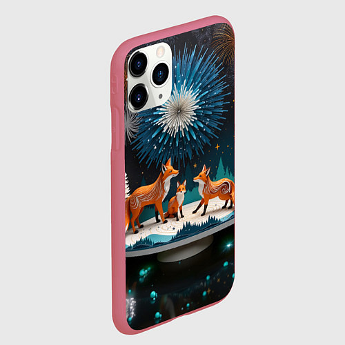 Чехол iPhone 11 Pro матовый Семья из трех лисиц / 3D-Малиновый – фото 2
