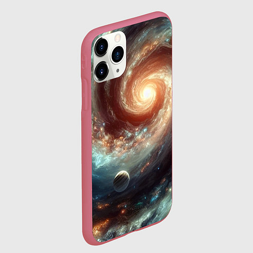 Чехол iPhone 11 Pro матовый Далёкая неоновая галактика - нейросеть / 3D-Малиновый – фото 2