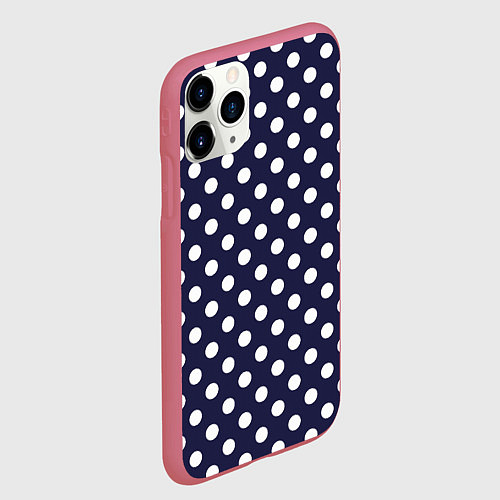 Чехол iPhone 11 Pro матовый Синий в белый горошек / 3D-Малиновый – фото 2