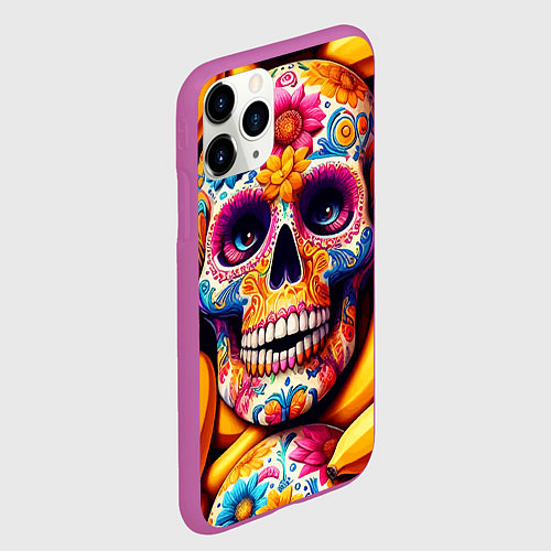 Чехол iPhone 11 Pro матовый Цветочный череп среди бананов - нейроарт / 3D-Фиолетовый – фото 2