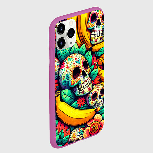 Чехол iPhone 11 Pro матовый Паттерн из черепов и бананов - нейроарт / 3D-Фиолетовый – фото 2