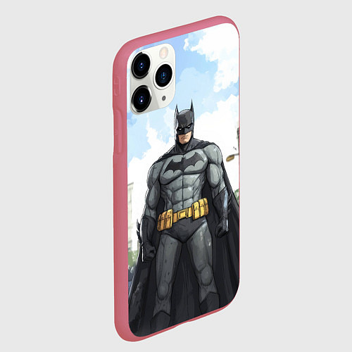 Чехол iPhone 11 Pro матовый Бэтмен стоит на улице / 3D-Малиновый – фото 2