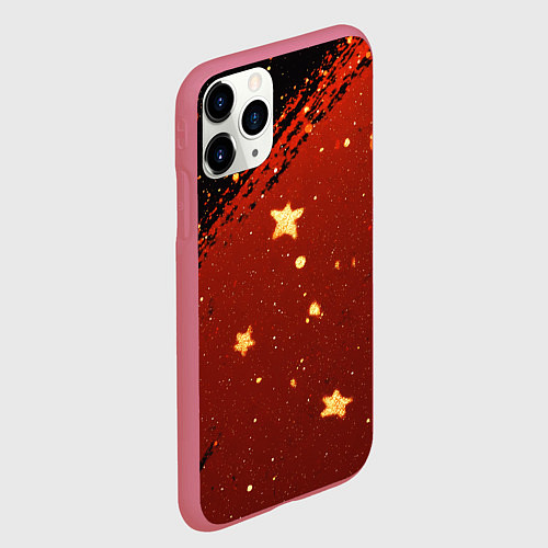 Чехол iPhone 11 Pro матовый Золотые звездочки на коричневой текстуре / 3D-Малиновый – фото 2
