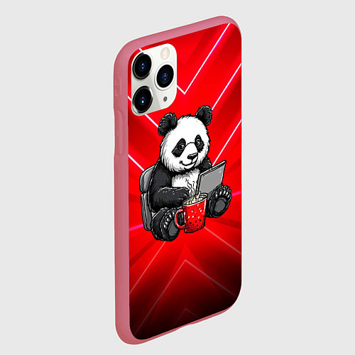 Чехол iPhone 11 Pro матовый Панда работает за ноутбуком / 3D-Малиновый – фото 2