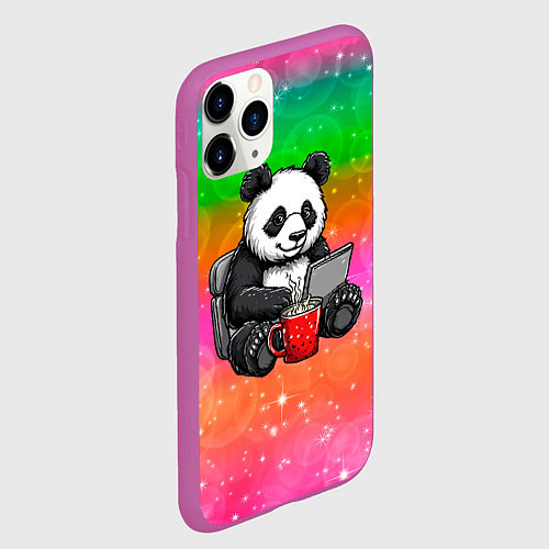Чехол iPhone 11 Pro матовый Панда с кофе за ноутом / 3D-Фиолетовый – фото 2