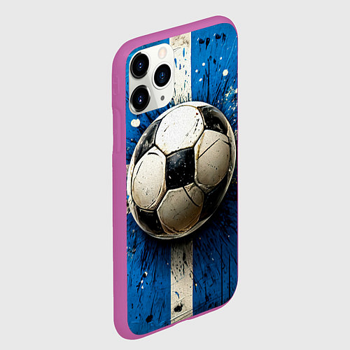 Чехол iPhone 11 Pro матовый Футбольный мяч на синем / 3D-Фиолетовый – фото 2