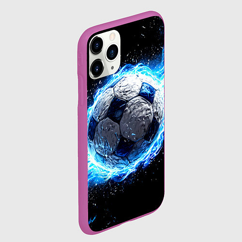 Чехол iPhone 11 Pro матовый Футбольный мяч в синем пламени / 3D-Фиолетовый – фото 2