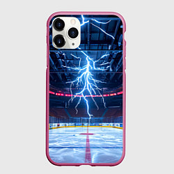 Чехол iPhone 11 Pro матовый Удар молнии в хоккейную площадку, цвет: 3D-малиновый