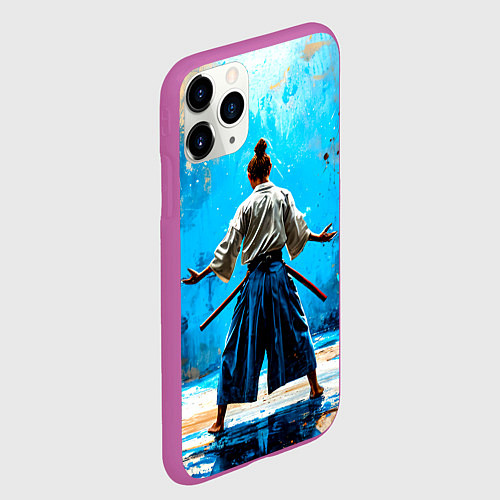 Чехол iPhone 11 Pro матовый Боец айкидо на синем / 3D-Фиолетовый – фото 2