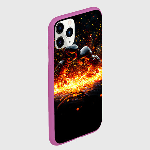 Чехол iPhone 11 Pro матовый Кикбоксеркие перчатки в огне / 3D-Фиолетовый – фото 2