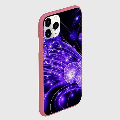 Чехол iPhone 11 Pro матовый Силуэты цветов на темном фоне - фиолетовое свечени / 3D-Малиновый – фото 2