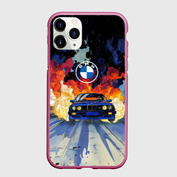 Чехол iPhone 11 Pro матовый Синяя БМВ за огнем, цвет: 3D-малиновый