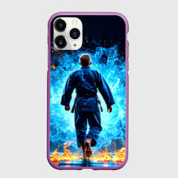 Чехол iPhone 11 Pro матовый Дзюдоист в синем пламени, цвет: 3D-фиолетовый