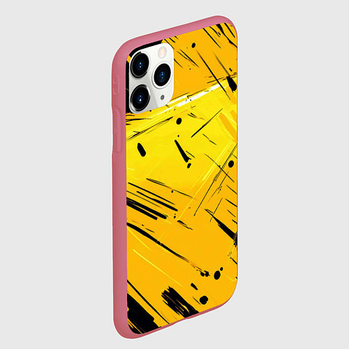Чехол iPhone 11 Pro матовый Желтая краска на черном фоне / 3D-Малиновый – фото 2