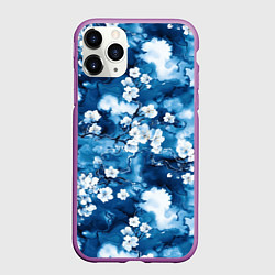 Чехол iPhone 11 Pro матовый Цветы белой сакуры - паттерн на синем фоне, цвет: 3D-фиолетовый