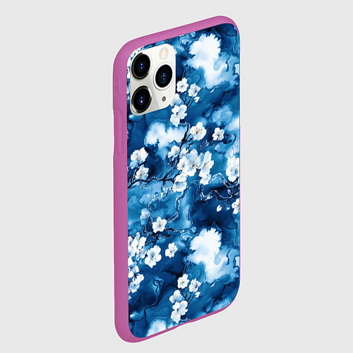 Чехол iPhone 11 Pro матовый Цветы белой сакуры - паттерн на синем фоне / 3D-Фиолетовый – фото 2
