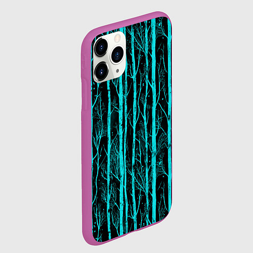 Чехол iPhone 11 Pro матовый Бирюзовые полоски-деревья на темном фоне - паттерн / 3D-Фиолетовый – фото 2