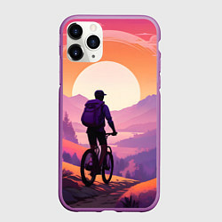 Чехол iPhone 11 Pro матовый Велосипедист в малиновом закате, цвет: 3D-фиолетовый