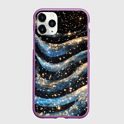 Чехол iPhone 11 Pro матовый Волнистые синие линии на черном, цвет: 3D-фиолетовый