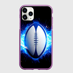 Чехол iPhone 11 Pro матовый Мяч для регби в синем пламени, цвет: 3D-фиолетовый