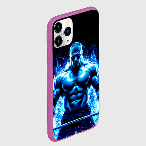 Чехол iPhone 11 Pro матовый Пауэрлифтер в синем пламени / 3D-Фиолетовый – фото 2