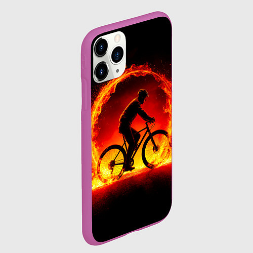 Чехол iPhone 11 Pro матовый Трековый велосипедист в огне / 3D-Фиолетовый – фото 2
