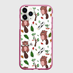 Чехол iPhone 11 Pro матовый Бобер и полено, цвет: 3D-малиновый