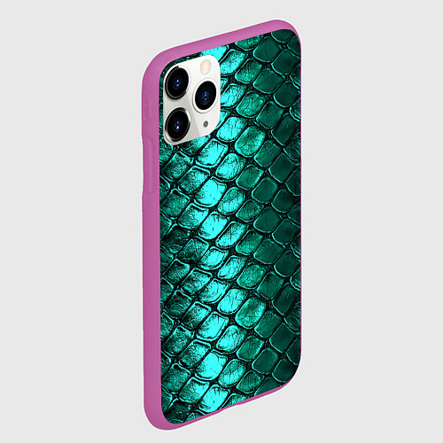 Чехол iPhone 11 Pro матовый Блестящая змеиная чешуя - зеленые чешуйки паттерн / 3D-Фиолетовый – фото 2