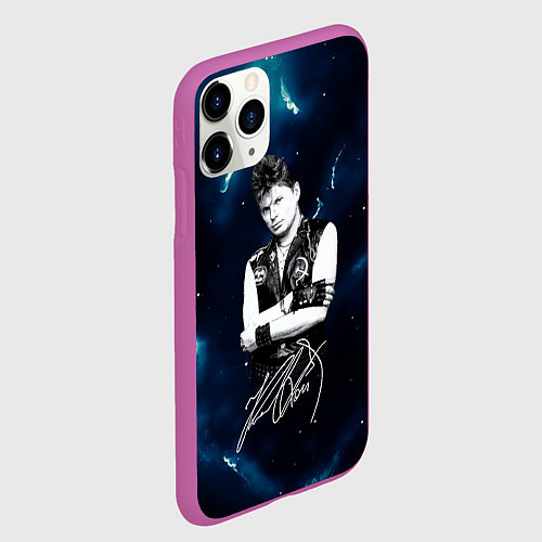 Чехол iPhone 11 Pro матовый Юрий Хой черно-белый портрет с подписью / 3D-Фиолетовый – фото 2