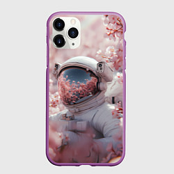 Чехол iPhone 11 Pro матовый Космонавт в весенних листьях, цвет: 3D-фиолетовый