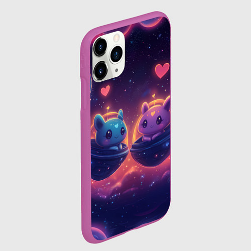 Чехол iPhone 11 Pro матовый Милые пришельцы в космосе / 3D-Фиолетовый – фото 2