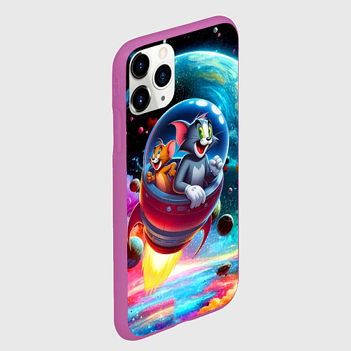 Чехол iPhone 11 Pro матовый Том и Джерри летят в ракете - нейроарт / 3D-Фиолетовый – фото 2