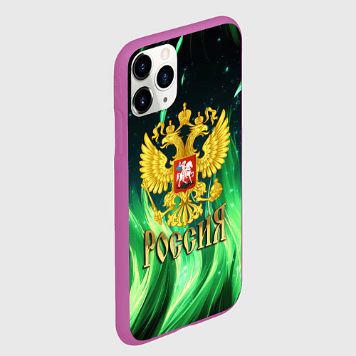 Чехол iPhone 11 Pro матовый Россия на фоне зеленого огня / 3D-Фиолетовый – фото 2