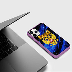 Чехол iPhone 11 Pro матовый Герб России на синей неоновой краске, цвет: 3D-фиолетовый — фото 2