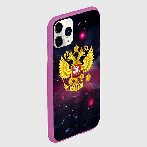 Чехол iPhone 11 Pro матовый Герб России и фиолетовое свечение / 3D-Фиолетовый – фото 2