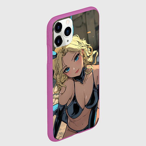 Чехол iPhone 11 Pro матовый Блондинка в костюме кошечки / 3D-Фиолетовый – фото 2