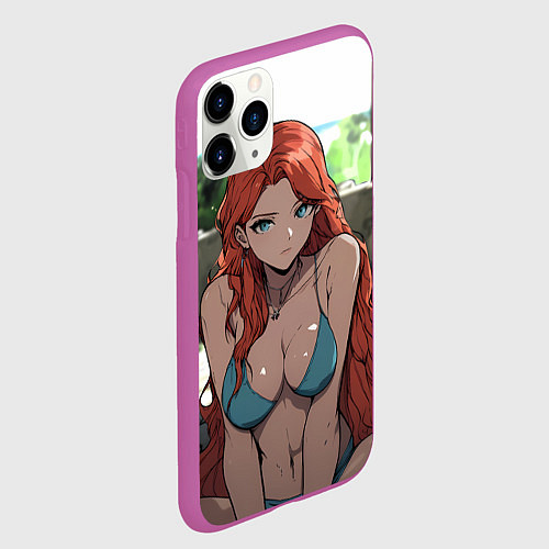 Чехол iPhone 11 Pro матовый Рыжая девушка с длинными волосами / 3D-Фиолетовый – фото 2